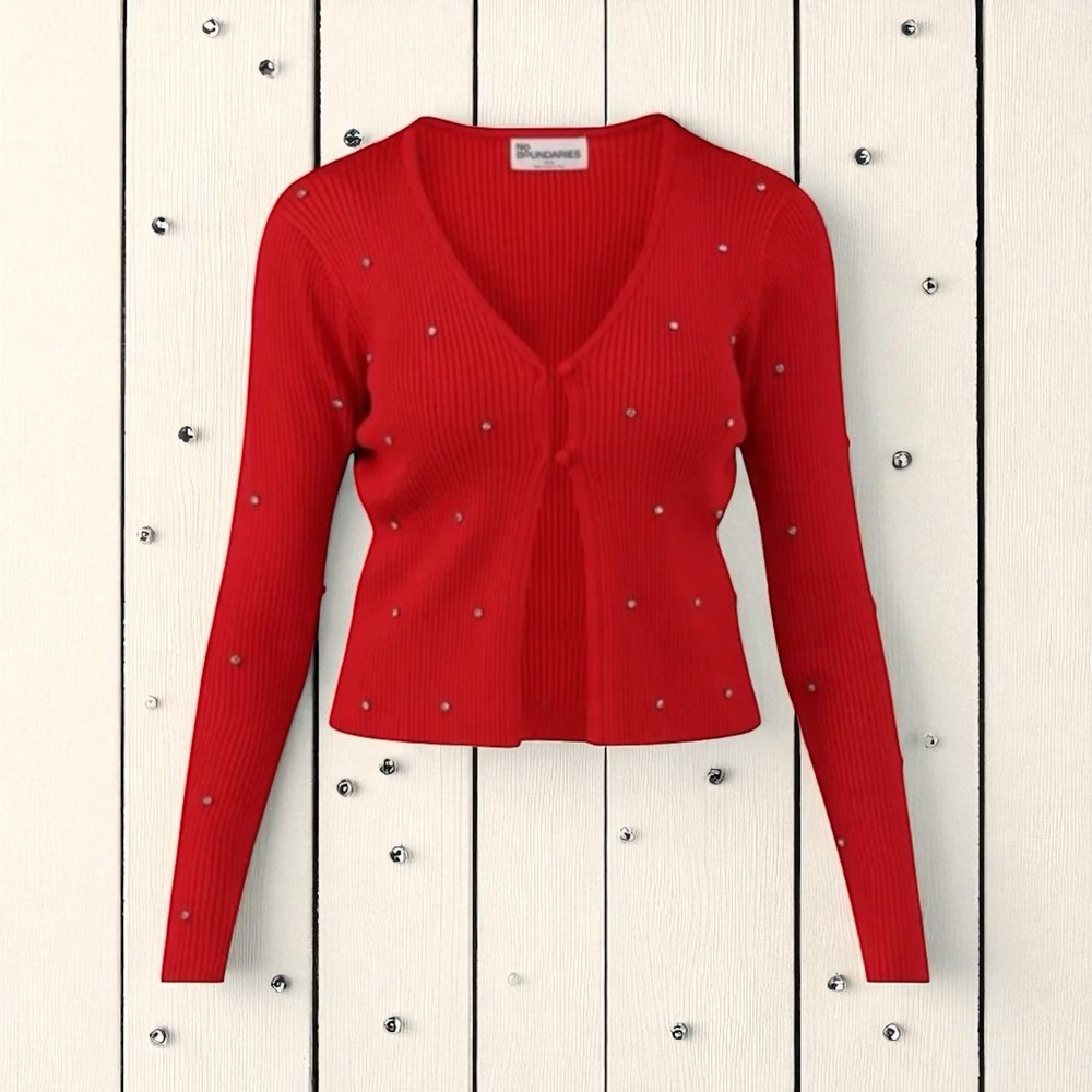 No Boundaries Red Rhinestone Embellished‎ Ribbed Knit Bling Cardigan Sweater Xl